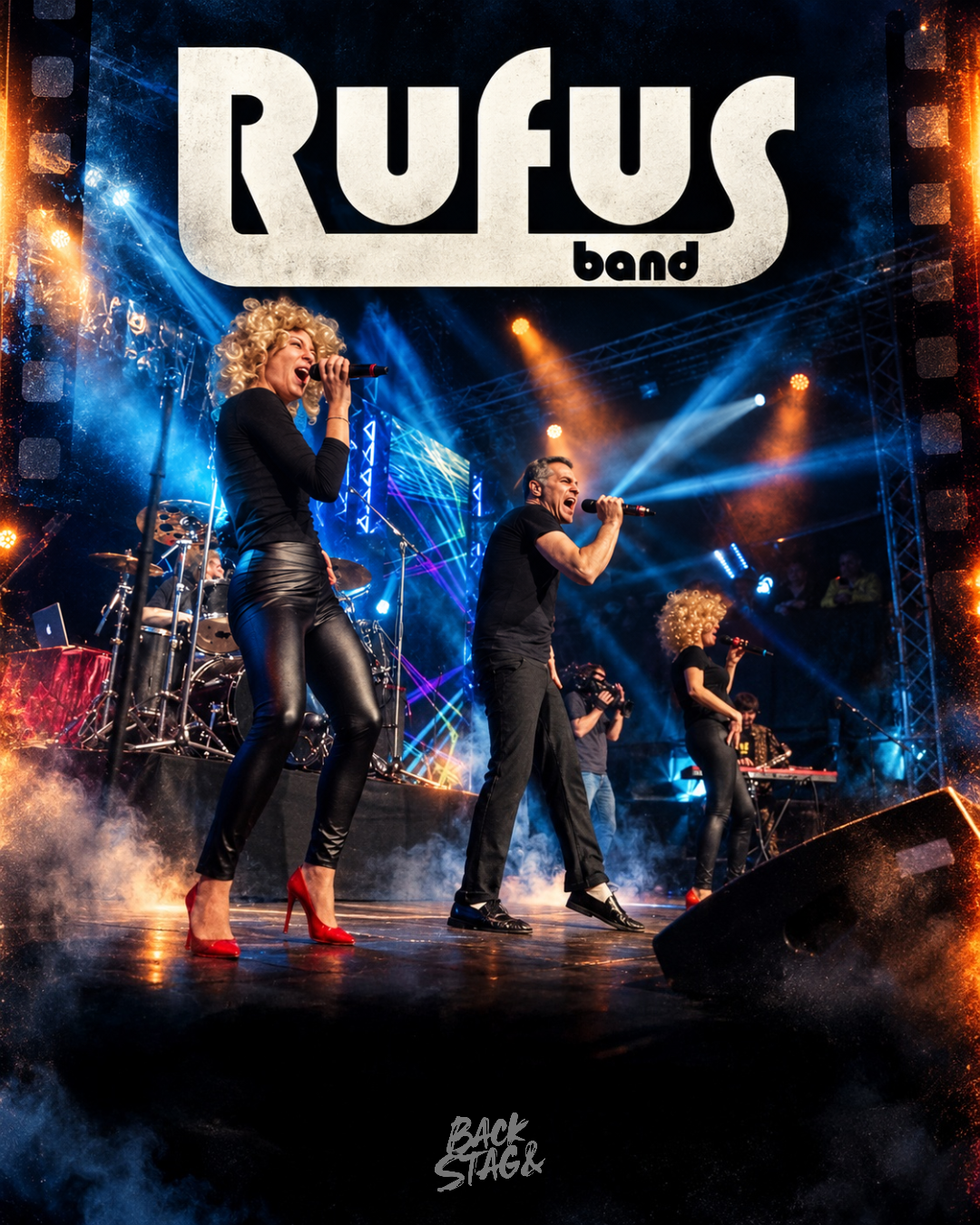 Locandina ufficiale dei The Rufus Band, live sul palco con luci blu e fumo di scena, al Backstage Binasco